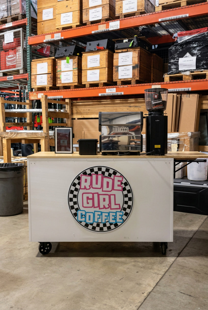 A white mobile coffee cart with a wood-look countertop and black wheels, featuring a large circular 'Rude Girl Coffee' logo on the front. A bearded man wearing a black t-shirt stands behind the cart, which is set in a warehouse environment with shelves of boxes in the background.